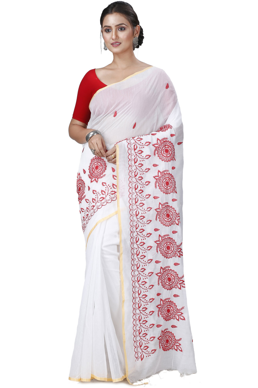 White Blended Cotton Tabu Hand Loom Saree (1242)